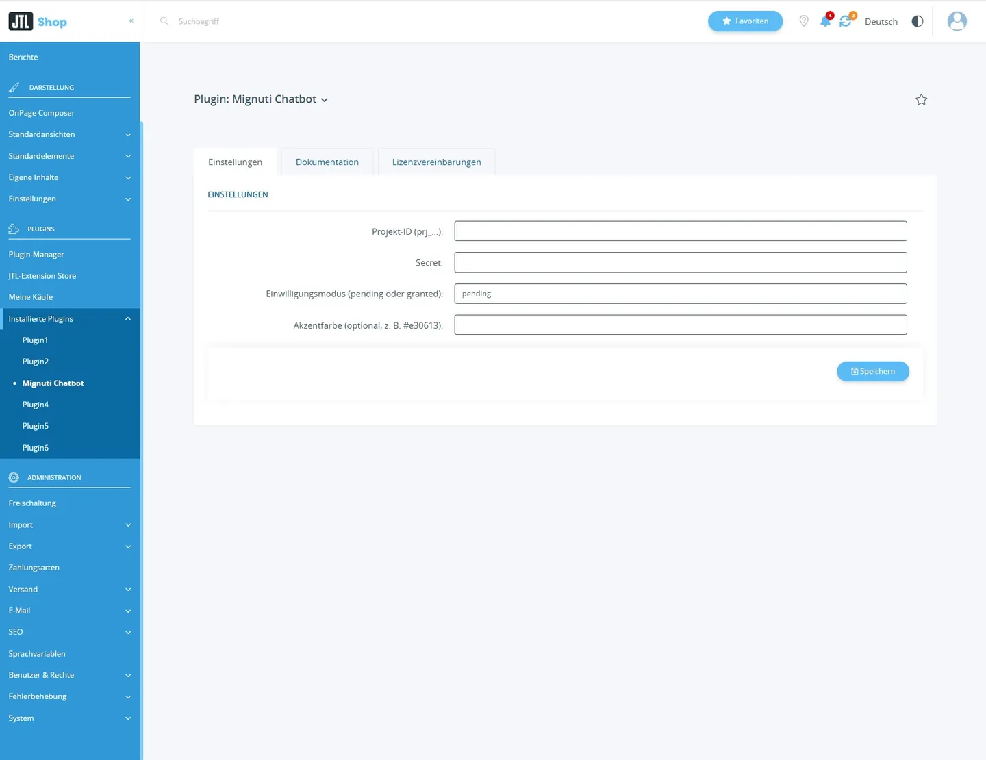 Einstellungen des Mignuti-Chatbot-Plugins in JTL-Shop mit Feldern für Projekt-ID, Secret und Einwilligungsmodus