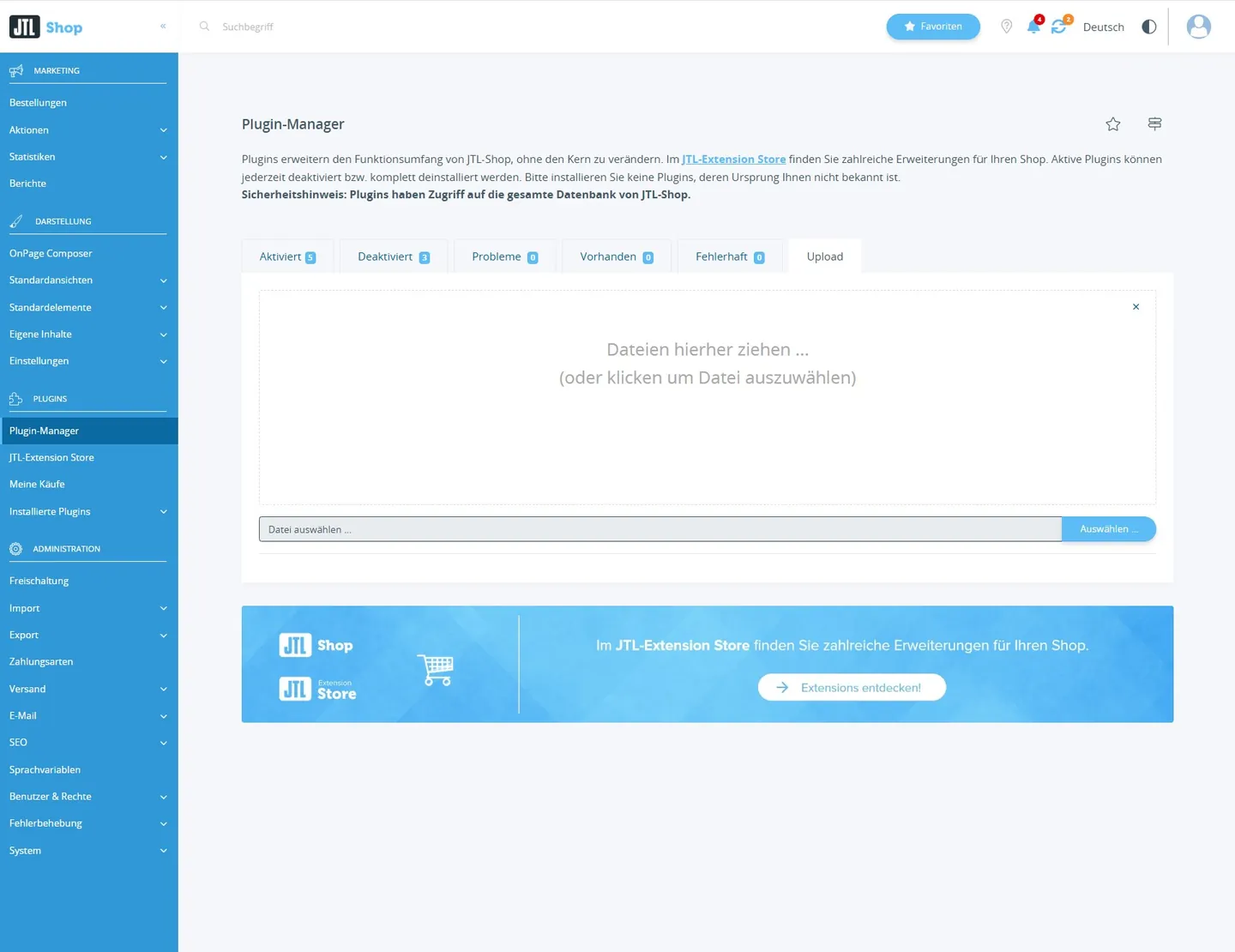 JTL-Shop Plugin-Manager mit geöffnetem Upload-Bereich zum Hochladen des Mignuti-Chatbot-Plugins