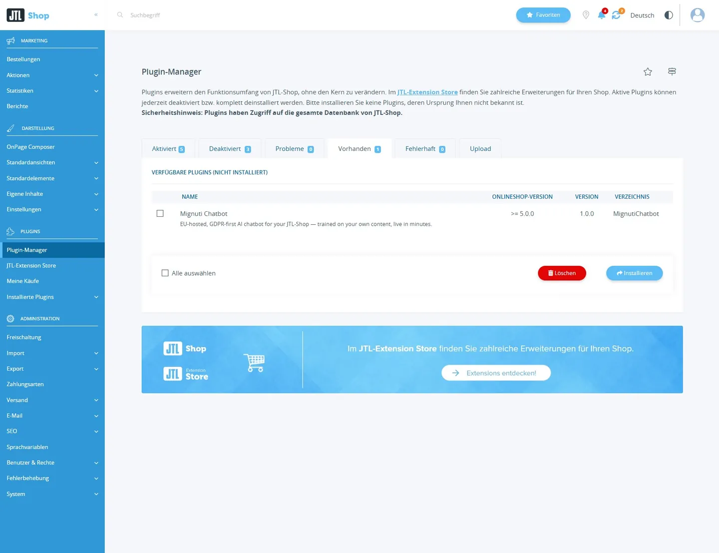 Mignuti Chatbot im JTL-Plugin-Manager unter „Vorhanden