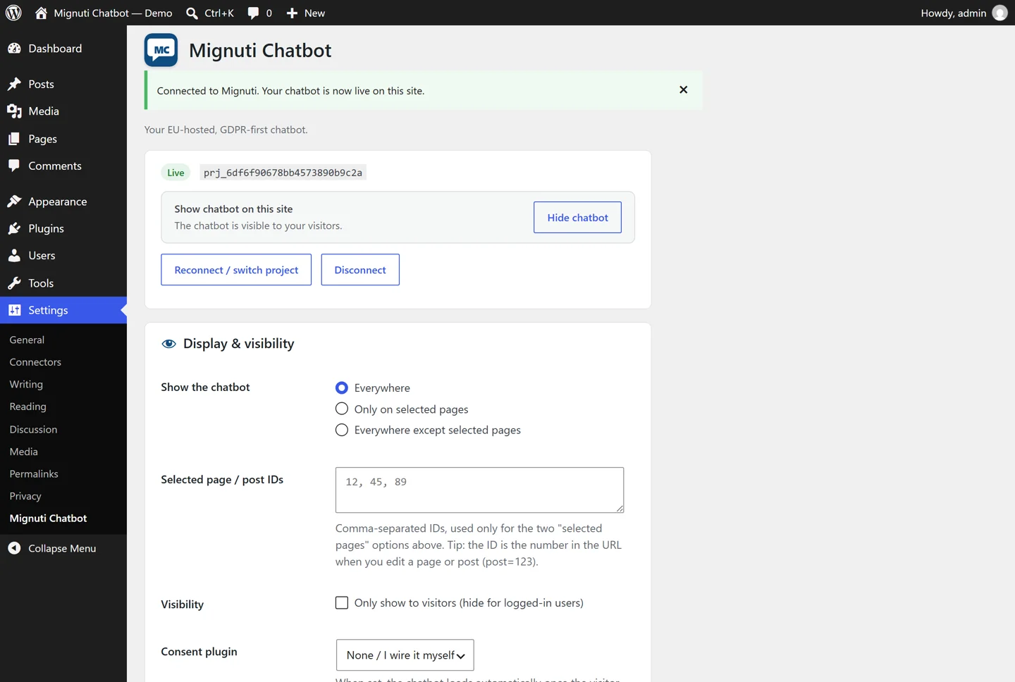 Einstellungsseite des Mignuti-Chatbot-Plugins in WordPress mit Verbindungsstatus, Anzeige-Optionen und Consent-Einstellung