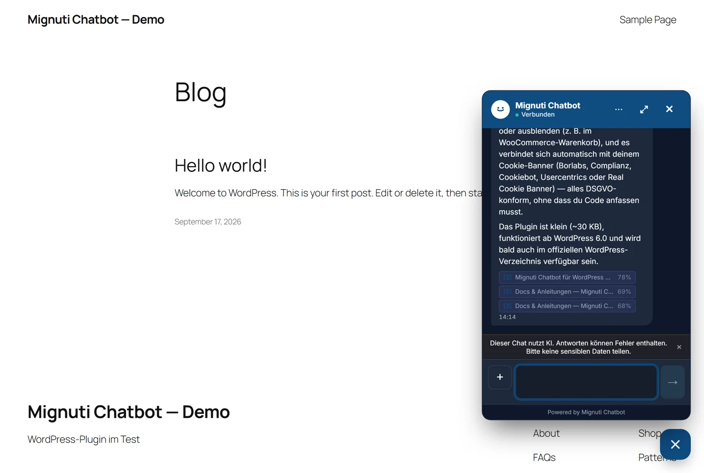 Geöffnetes Chat-Widget von Mignuti Chatbot auf einer WordPress-Seite